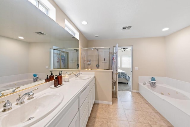 bathroom with vanity, tile patterned floors, ceiling fan, and separate shower and tub