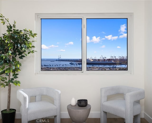 living area with a water view, a wealth of natural light, and hardwood / wood-style floors