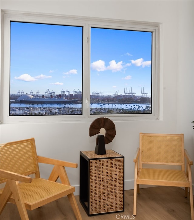 sitting room with a water view and hardwood / wood-style floors