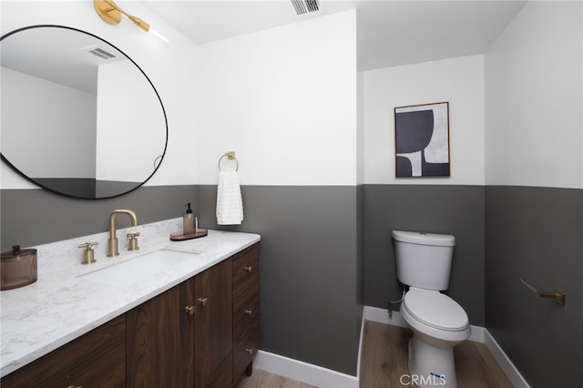 bathroom featuring vanity, toilet, and wood-type flooring