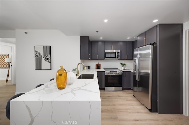 kitchen featuring light hardwood / wood-style flooring, light stone countertops, appliances with stainless steel finishes, and sink