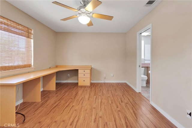 19848 Haida Rd, Apple Valley, CA 92307 - unfurnished office featuring ceiling fan, baseboards, light wood finished floors, and visible vents