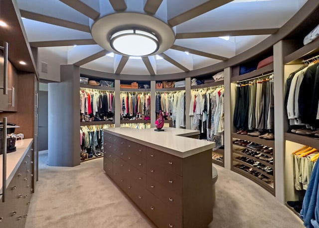 walk in closet with light colored carpet