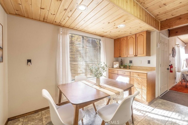 dining area featuring a healthy amount of sunlight and wood ceiling