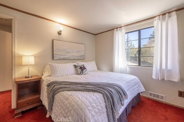 carpeted bedroom featuring ornamental molding