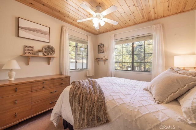 carpeted bedroom featuring ceiling fan and wood ceiling