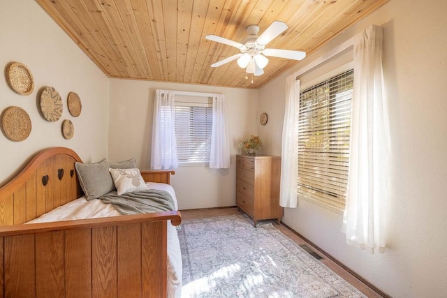 bedroom featuring ceiling fan and wooden ceiling