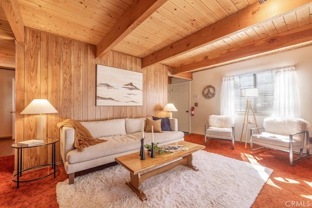 living room with carpet, beam ceiling, wood ceiling, and wooden walls