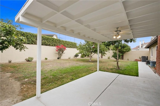 view of patio / terrace featuring ceiling fan and central air condition unit