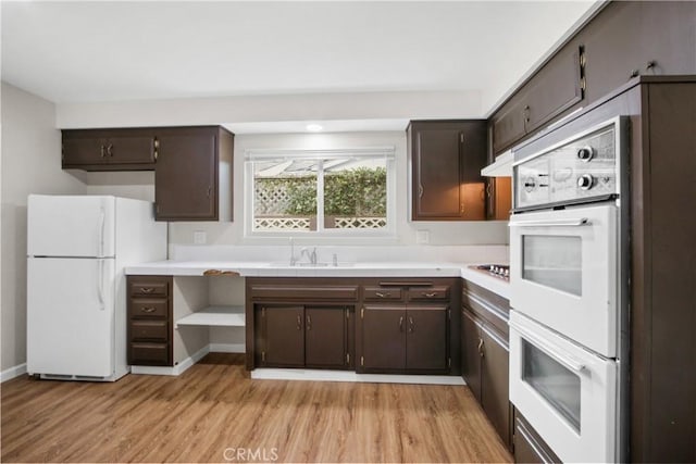 kitchen with dark brown cabinetry, sink, white fridge, and light hardwood / wood-style flooring