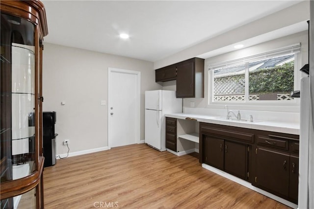 kitchen with dark brown cabinetry, sink, light hardwood / wood-style floors, and white refrigerator