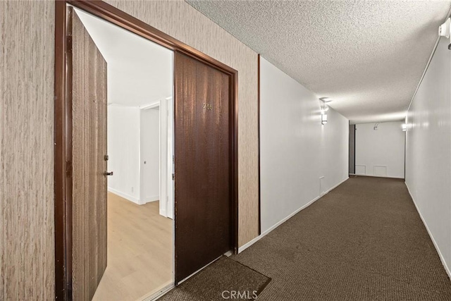 hall featuring carpet floors and a textured ceiling