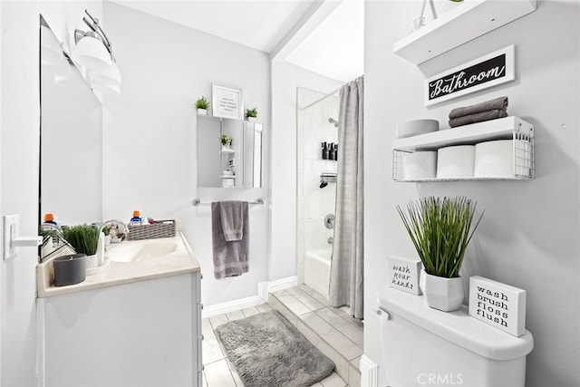 full bathroom with toilet, shower / bath combo with shower curtain, vanity, and tile patterned floors