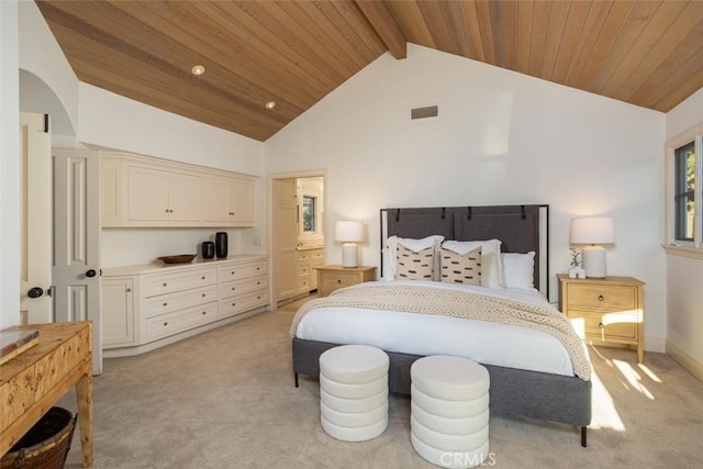 bedroom featuring wood ceiling, beamed ceiling, light colored carpet, and high vaulted ceiling