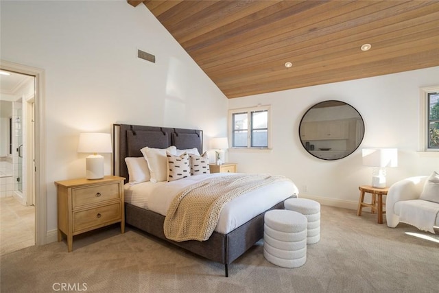 bedroom with light colored carpet, multiple windows, and wooden ceiling