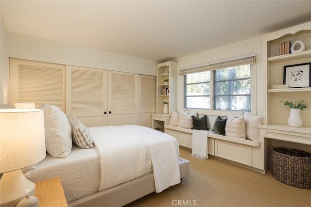 bedroom featuring a closet and light colored carpet