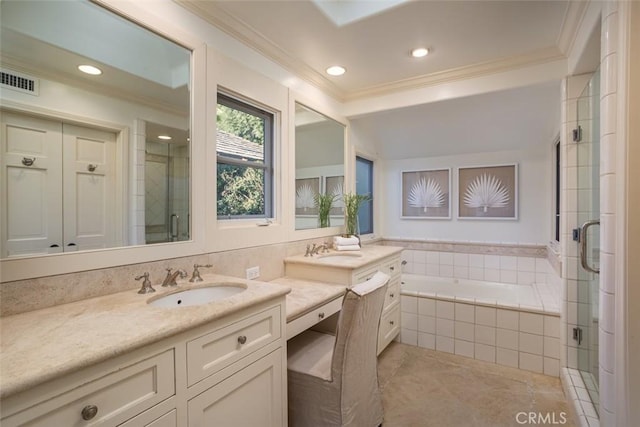 bathroom with tile patterned flooring, shower with separate bathtub, vanity, and crown molding