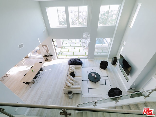 living room featuring wood-type flooring and a towering ceiling