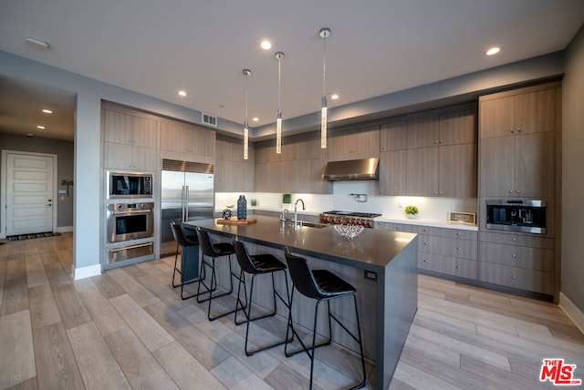 kitchen with exhaust hood, sink, light hardwood / wood-style flooring, built in appliances, and an island with sink