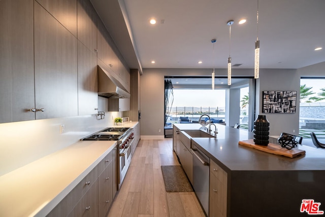 kitchen with stainless steel appliances, sink, decorative light fixtures, light hardwood / wood-style floors, and range hood