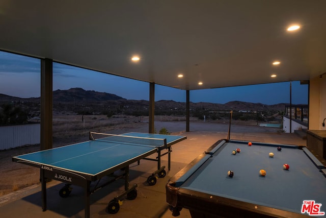 rec room featuring a mountain view and billiards