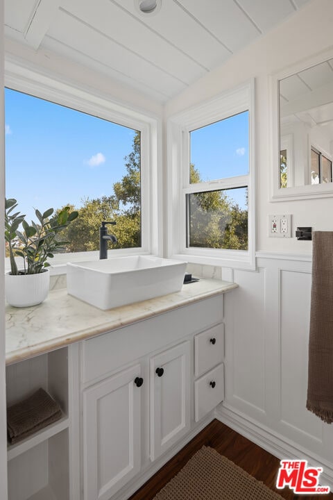 bathroom with vanity and hardwood / wood-style flooring