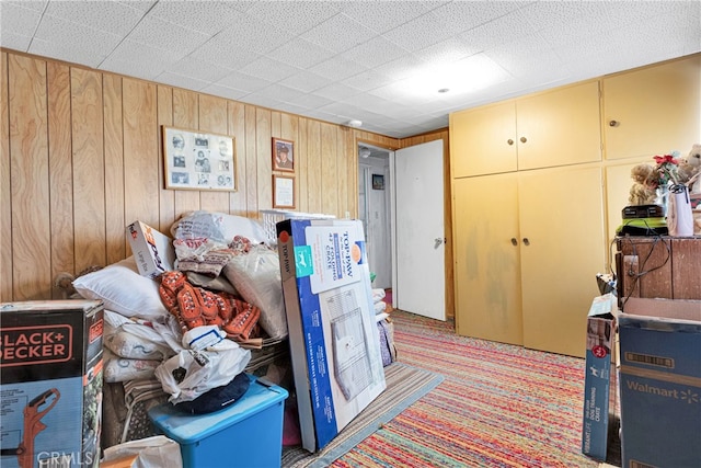 miscellaneous room featuring wooden walls and carpet flooring