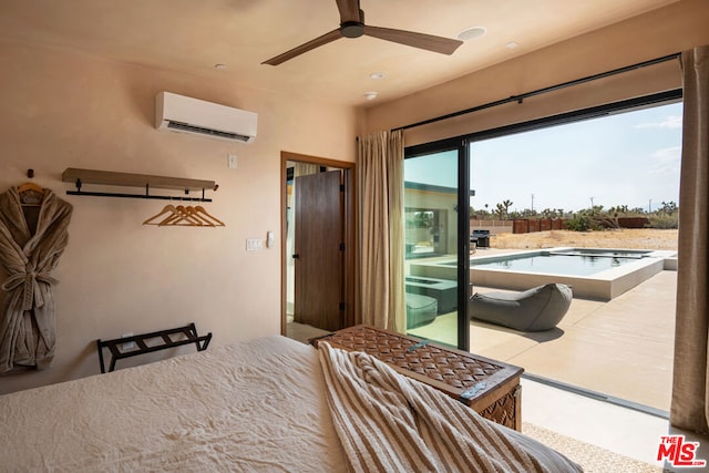 bedroom with an AC wall unit and ceiling fan