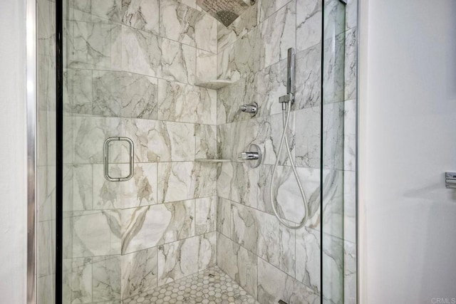 bathroom featuring a shower with shower door