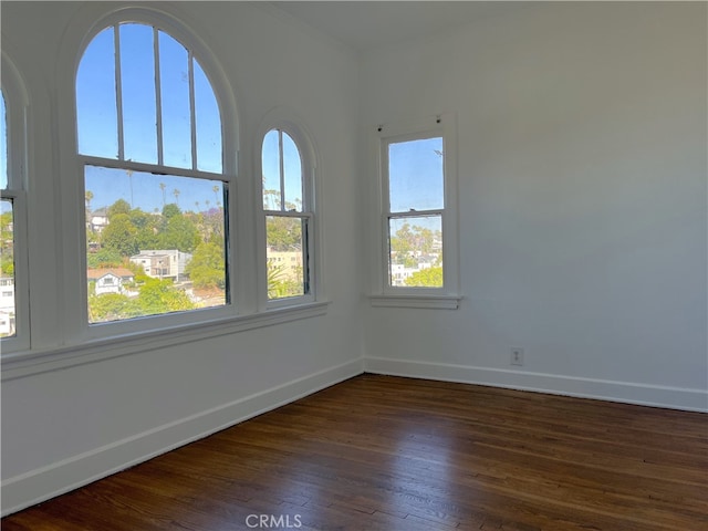 spare room with a wealth of natural light and dark wood-type flooring