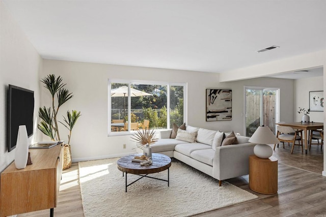 living room with light hardwood / wood-style floors