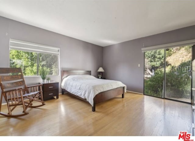 bedroom featuring multiple windows and light wood-type flooring