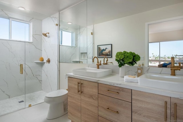 bathroom featuring plenty of natural light, vanity, a shower with shower door, and toilet