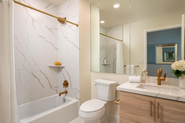 full bathroom featuring vanity, toilet, and shower / bathtub combination with curtain