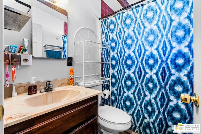 bathroom featuring vanity, a shower with curtain, and toilet