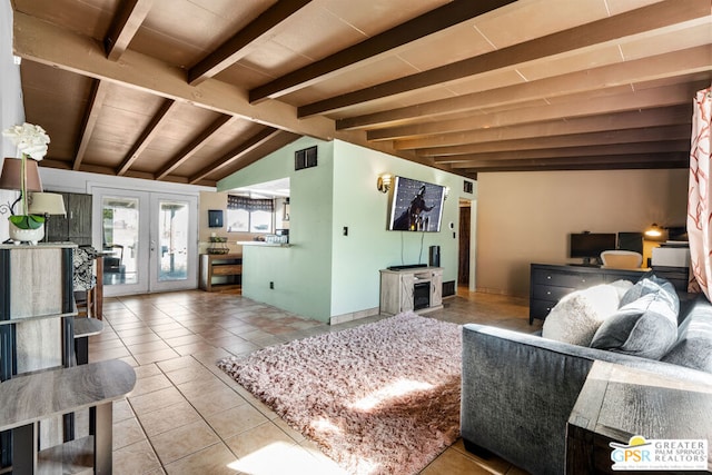 living room featuring french doors, lofted ceiling with beams, wood ceiling, and light tile patterned floors