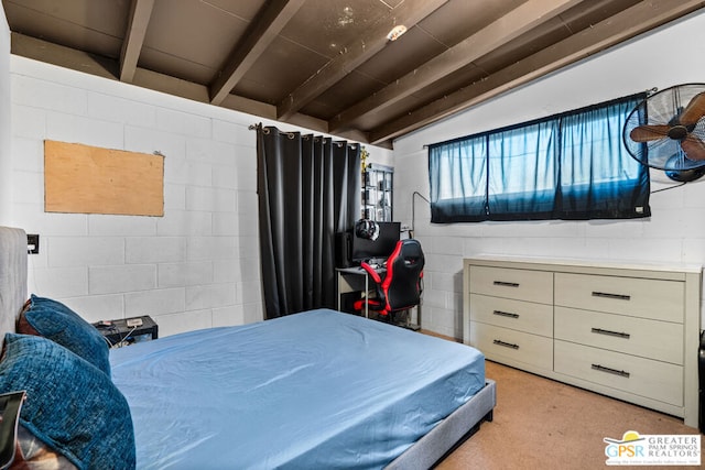 bedroom featuring vaulted ceiling with beams and light colored carpet