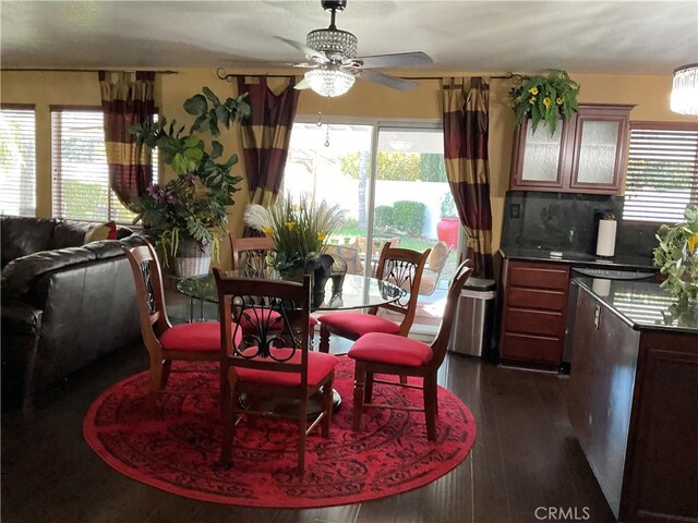 dining space featuring dark hardwood / wood-style floors and ceiling fan