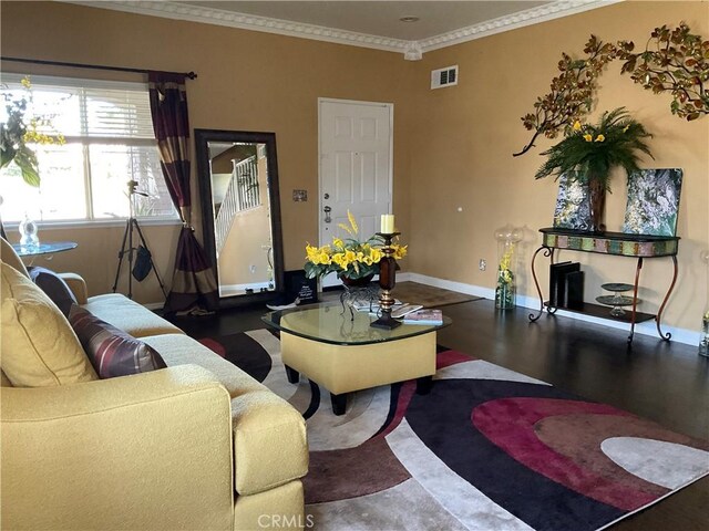 living room with crown molding