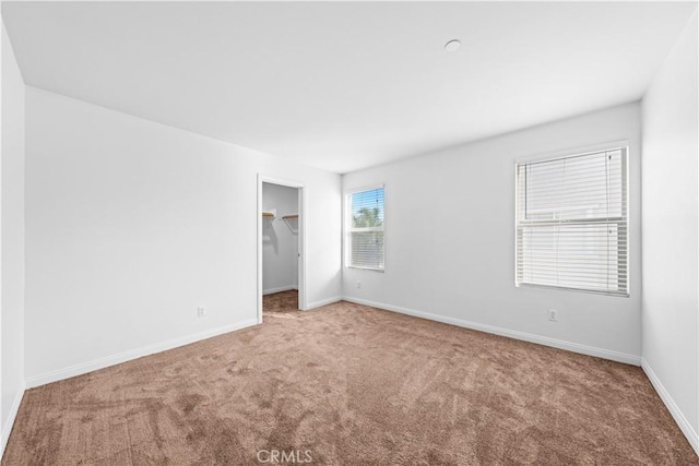 unfurnished bedroom featuring carpet flooring, a spacious closet, and a closet