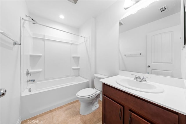 full bathroom with tile patterned flooring, vanity, toilet, and shower / washtub combination