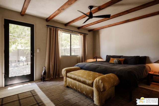 bedroom with ceiling fan, multiple windows, access to outside, and beam ceiling