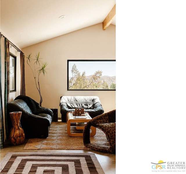 interior space with lofted ceiling with beams