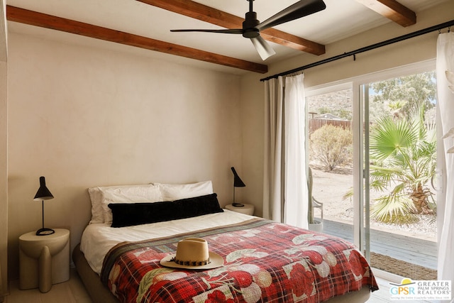 bedroom featuring ceiling fan, beam ceiling, and access to outside