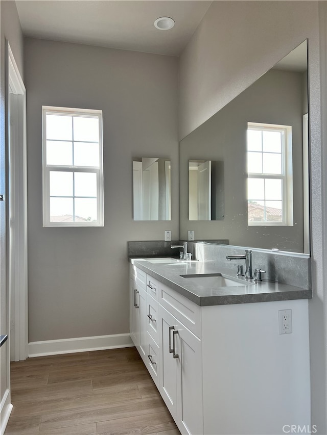 bathroom with vanity and hardwood / wood-style floors