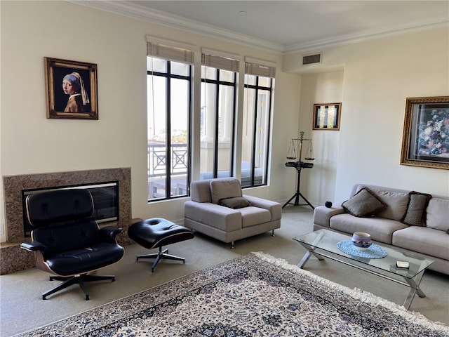 11847 Gorham Ave Unit 403, Los Angeles, CA 90049 - living area with ornamental molding, carpet flooring, and visible vents