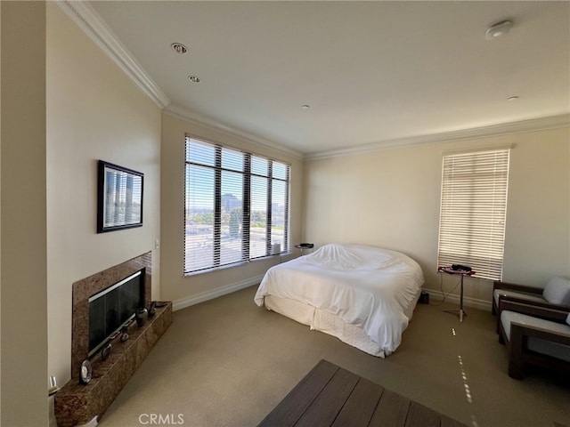 11847 Gorham Ave Unit 403, Los Angeles, CA 90049 - bedroom with a premium fireplace, crown molding, carpet flooring, and baseboards