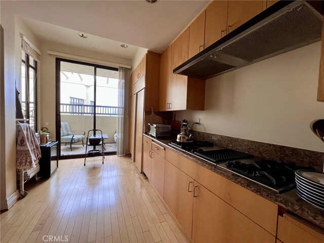 11847 Gorham Ave Unit 403, Los Angeles, CA 90049 - kitchen featuring light wood-style flooring, a toaster, under cabinet range hood, and dark stone counters
