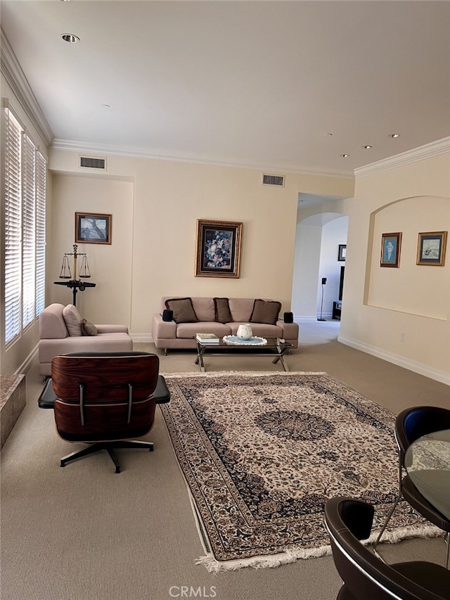 11847 Gorham Ave Unit 403, Los Angeles, CA 90049 - living room featuring ornamental molding, carpet, arched walkways, and visible vents