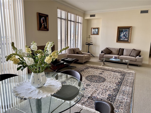11847 Gorham Ave Unit 403, Los Angeles, CA 90049 - carpeted living area featuring crown molding, visible vents, and baseboards
